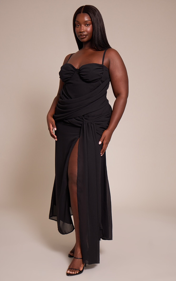 Plus Black Chiffon Drape Detail Maxi Dress image 3