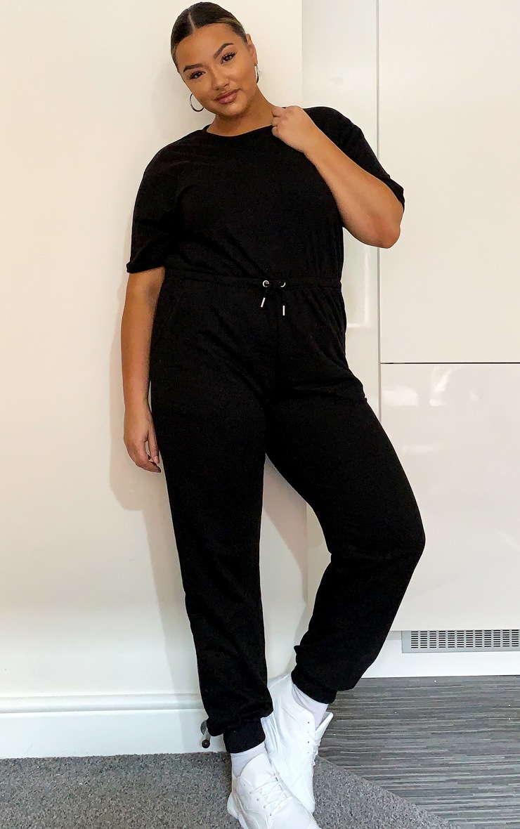 Plus Black Short Sleeve Sweat Jumpsuit