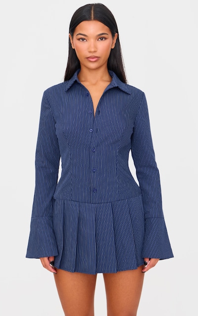 Navy Stripe Shirt Pleated Skort Playsuit