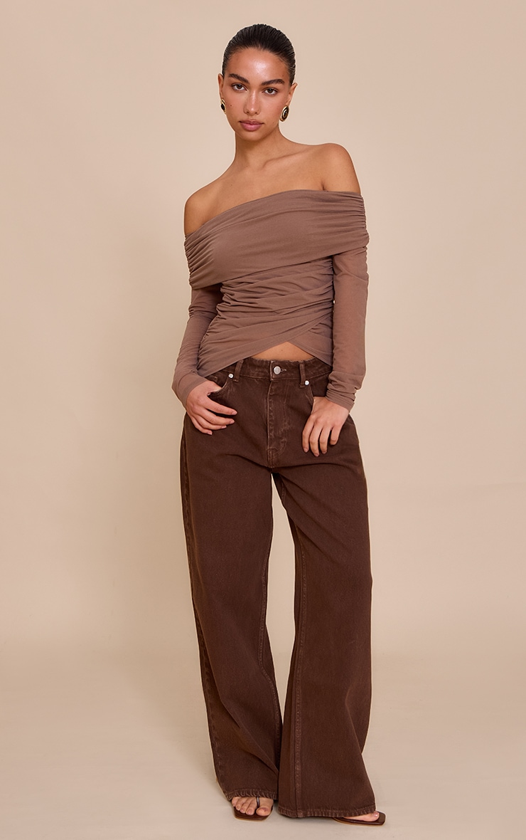 Mushroom Stretch Chiffon Ruching Bardot Detail Long Sleeve Top image 3