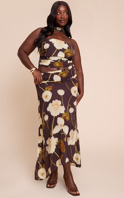 Plus Dark Chocolate Floral Printed Chiffon Ruched Maxi Skirt