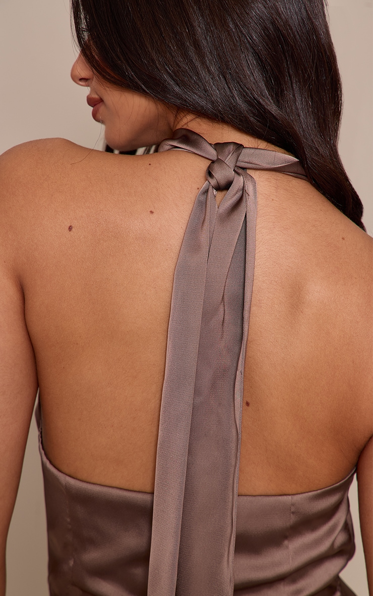 Petite Deep Taupe Tie Detail Satin Cowl Ruched Top image 4