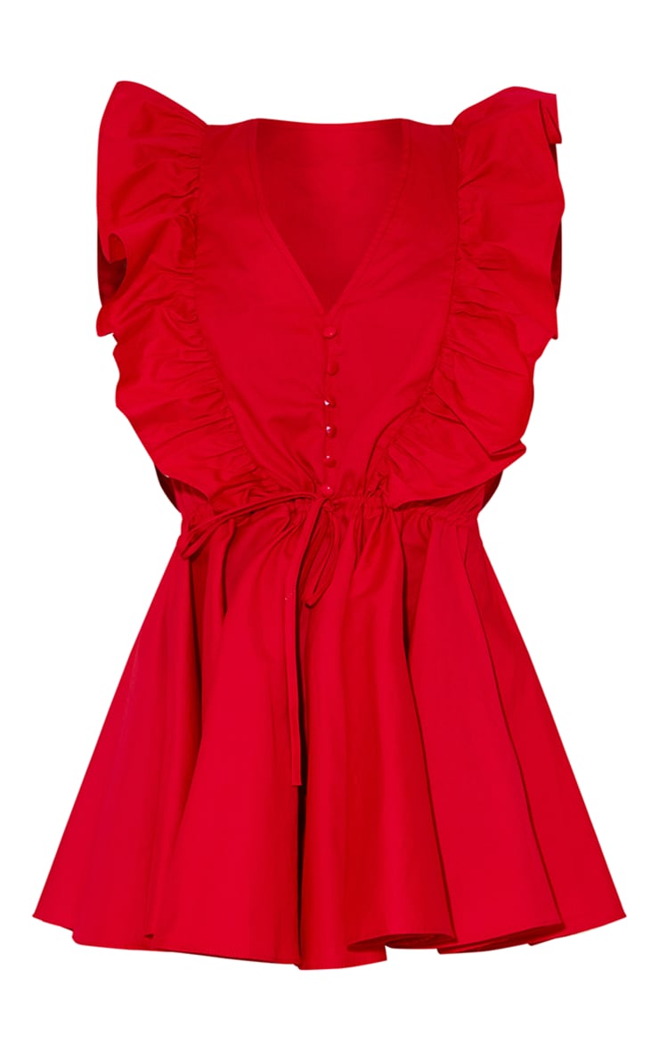 Red Poplin Button Detail Flare Short Playsuit image 4