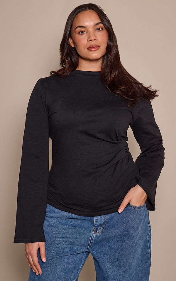 Plus Black Cotton Side Detail Long Sleeve T-shirt 