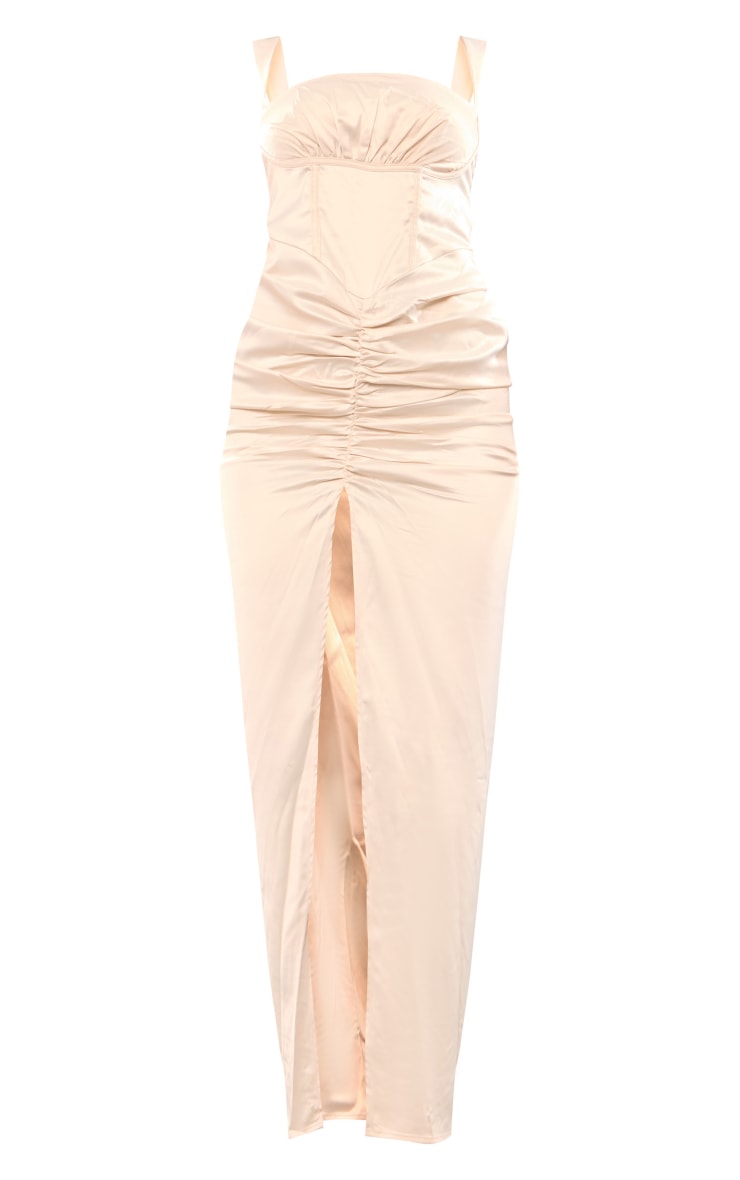 Champagne Satin Corset Detail Ruched Maxi Dress image 2