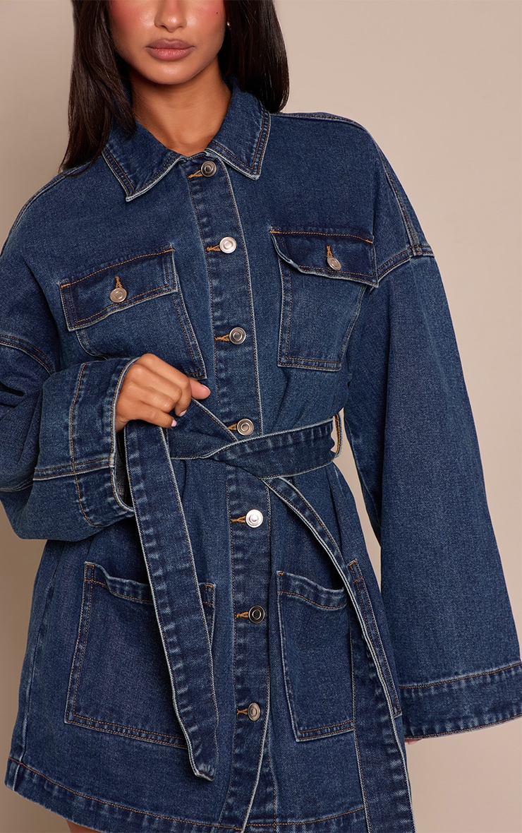 Petite Mid Blue Utility Pocket Tie Waist Denim Dress image 4