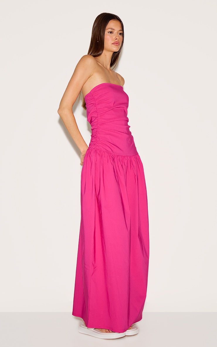 Robe bustier longue tissée stretch fuchsia froncée image 3