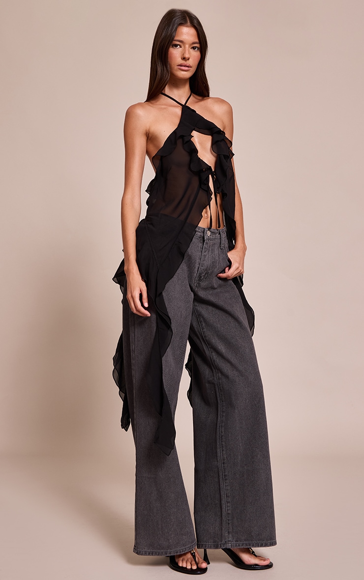 Black Chiffon Ruffle Drape Detail Longline Top image 3