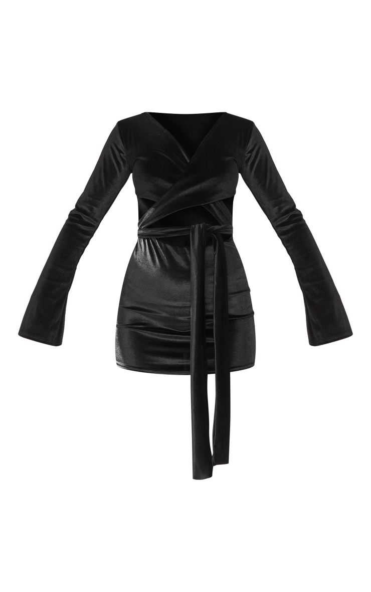 Black Velvet Wrap Around Long Sleeve Bodycon Dress image 5