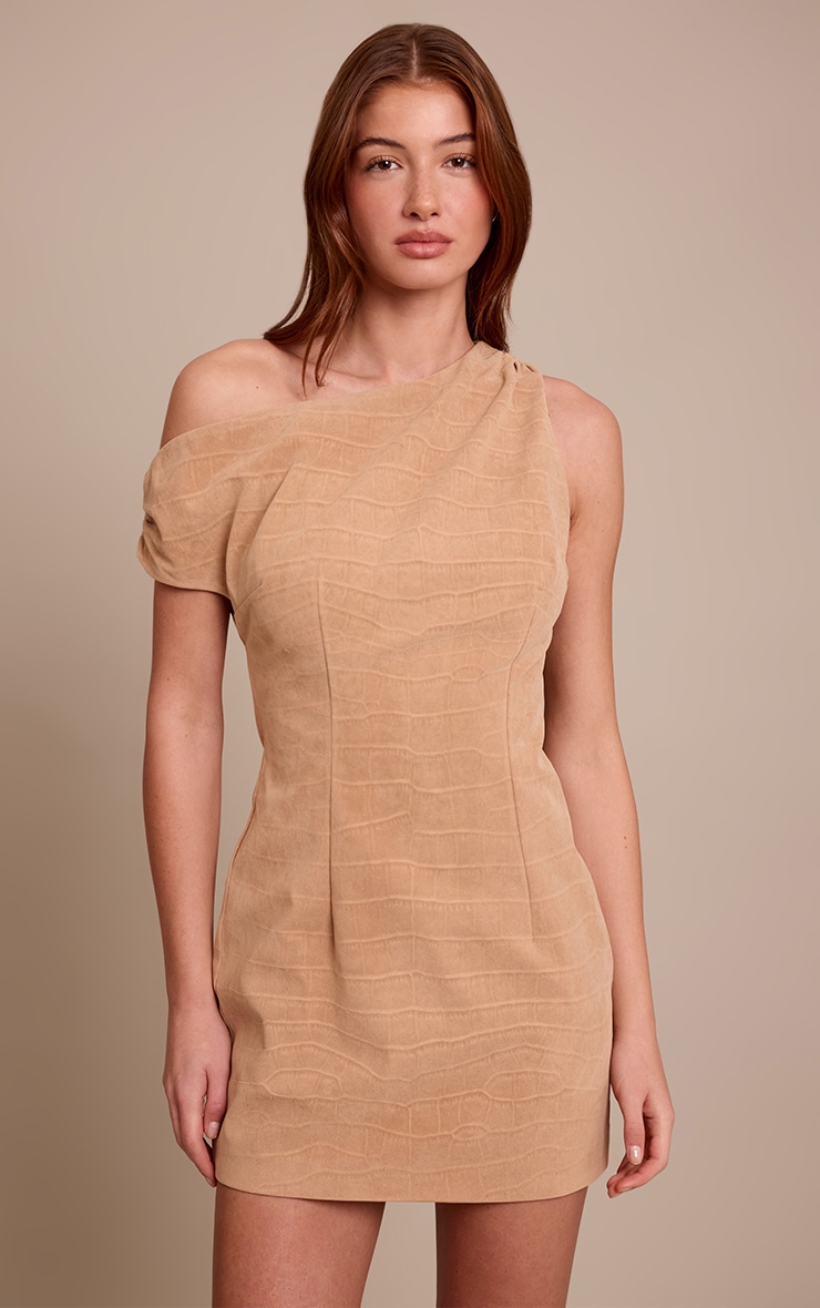 Beige Faux Suede Croc Asymmetric Mini Dress image 1