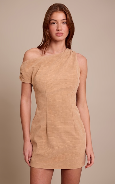 Beige Faux Suede Croc Asymmetric Mini Dress