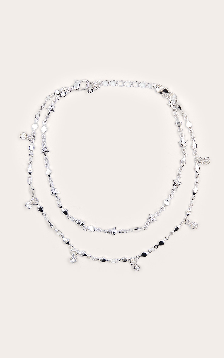 Silver Double Layer Star Diamante Chain Anklet image 1