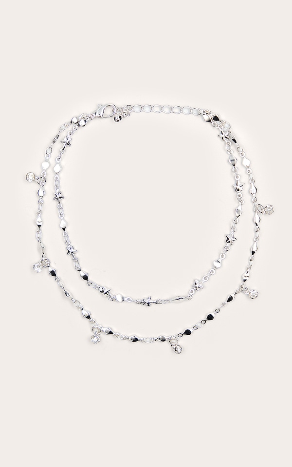 Silver Double Layer Star Diamante Chain Anklet