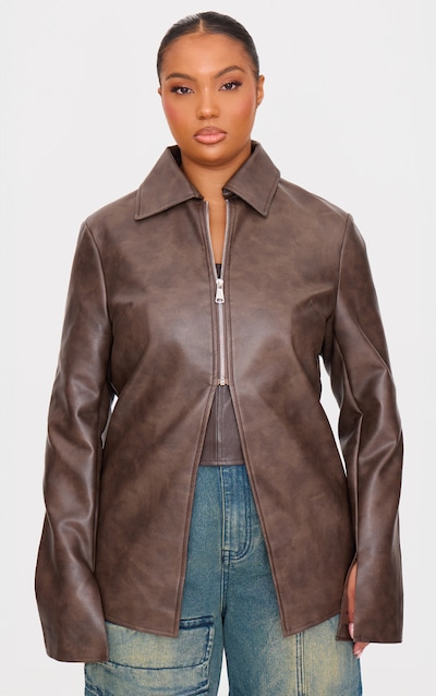 Plus Brown Washed Split Hem Oversized Collar Detail Faux Leather Jacket