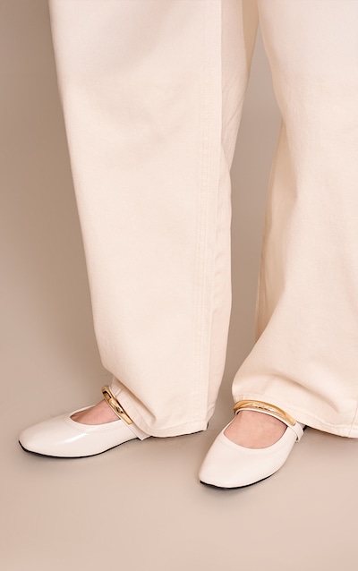 Cream Soft PU Gold Strap Square Toe Ballet Flats