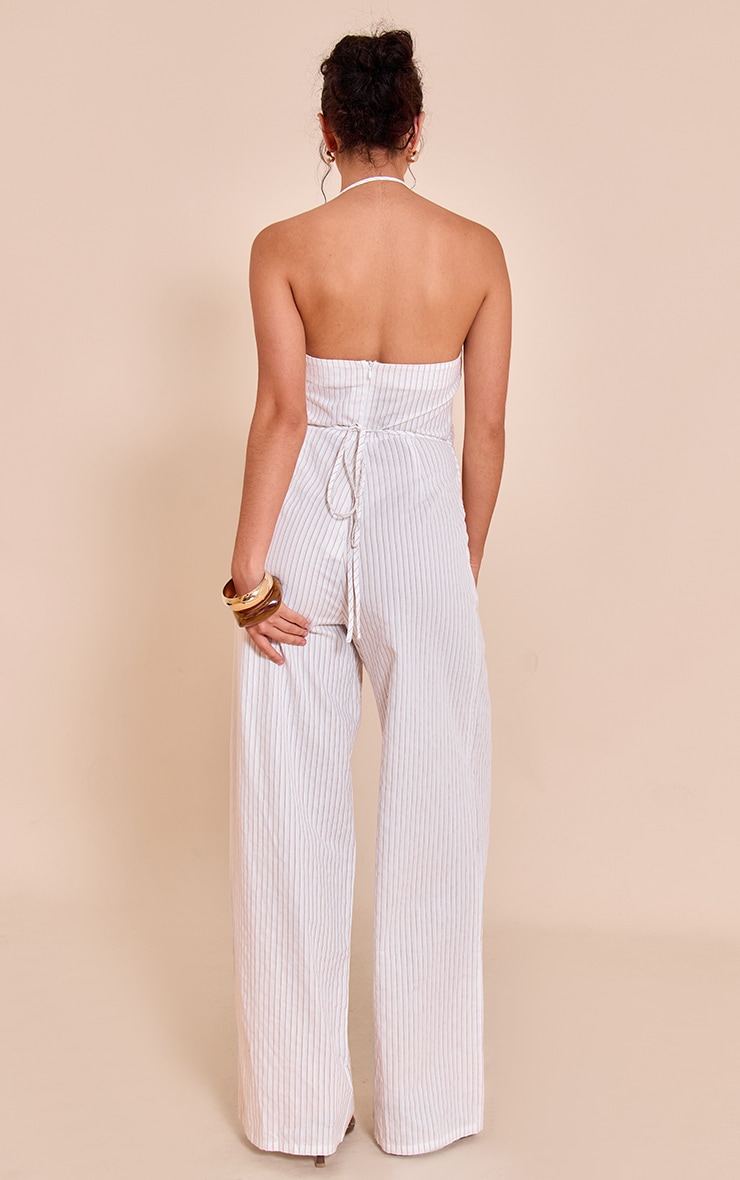 White Woven Pinstripe Asymmetric Jumpsuit image 2