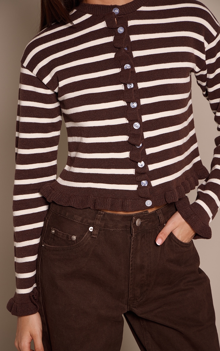 Chocolate Striped Frill Hem Knitted Cardigan  image 4