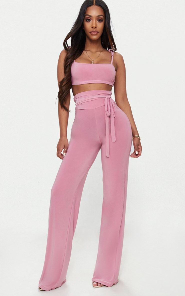 Shape Rose Slinky Extreme High Waist Detail Wide Leg Trousers