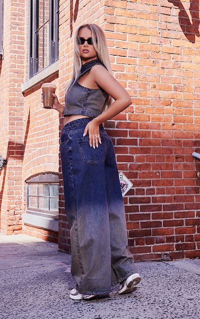 Dark Blue Wash Ombre Low Rise Wide Leg Jeans