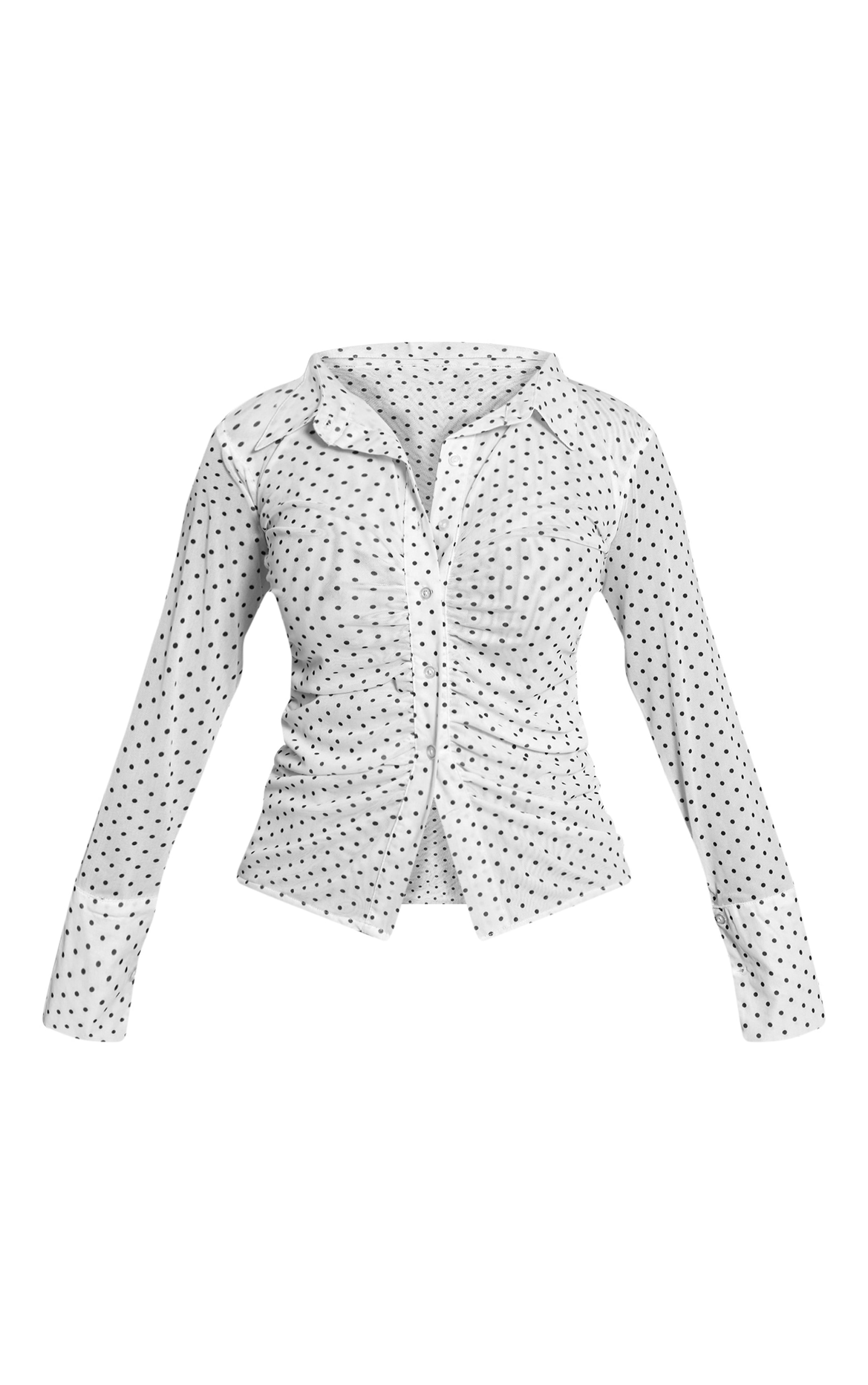 Shape White Polka Dot Ruched Front Mesh Shirt image 5