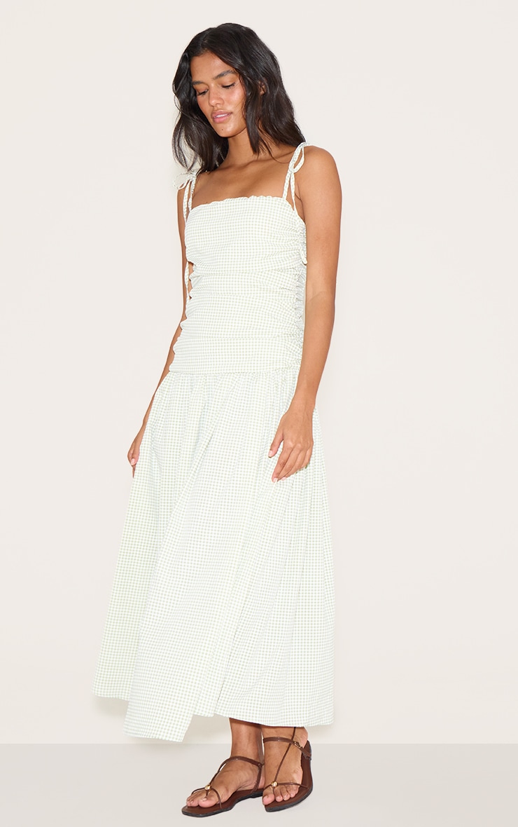Sage Green Check Ruched Detail Strappy Maxi Dress image 3