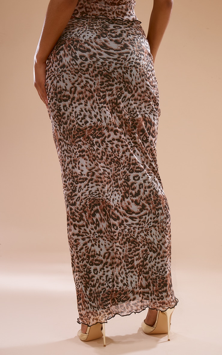 Brown Leopard Print Mesh Low Rise Midaxi Skirt image 3