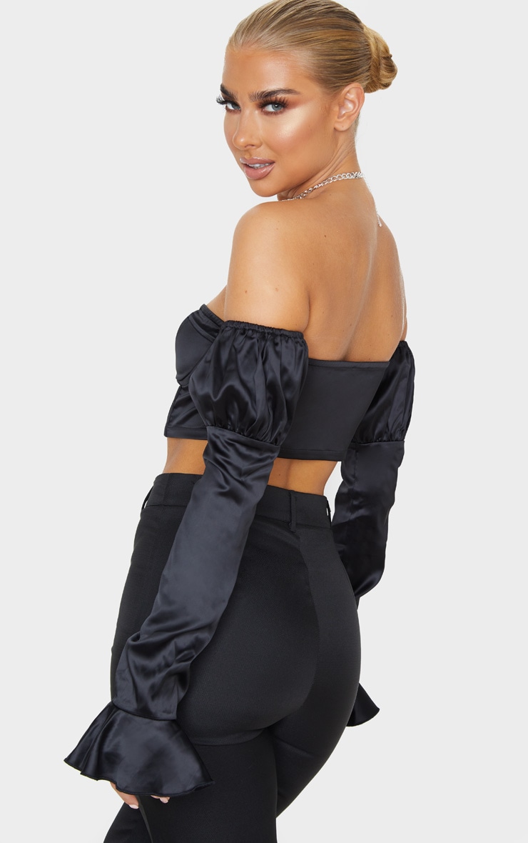 Black Satin Bardot Frill Sleeve Crop Top image 2