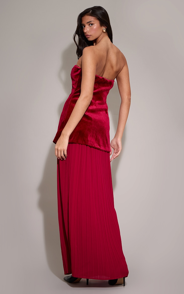 Robe bustier longue en velours rouge vin à partie jupe en mousseline de soie plissée image 2