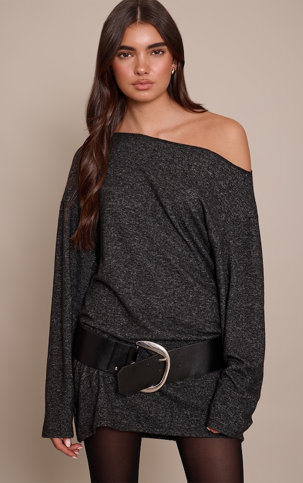 Mini robe en jersey gris anthracite à épaule unique et manches longues