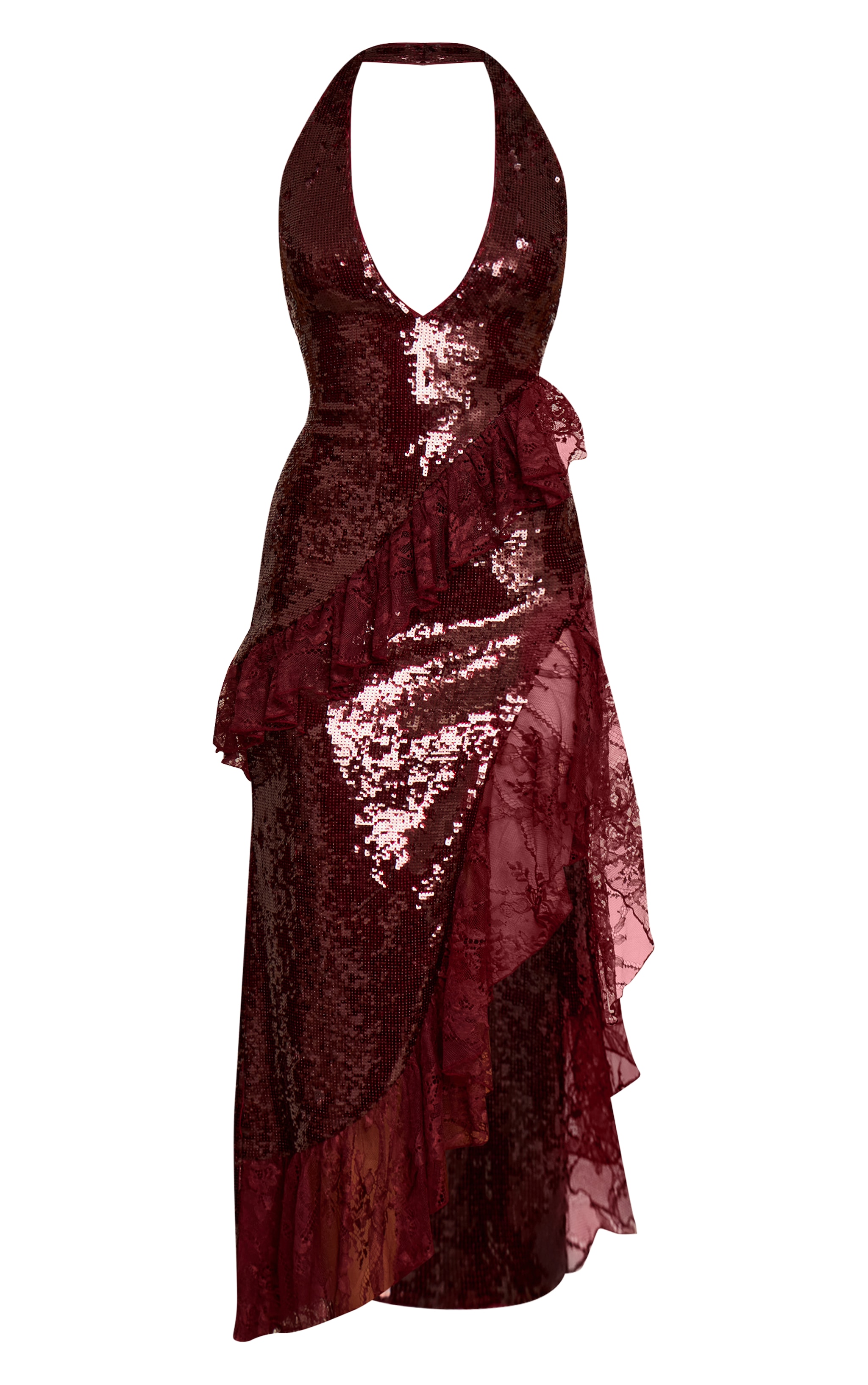 Burgundy V Neck Frill Maxi Dress image 5