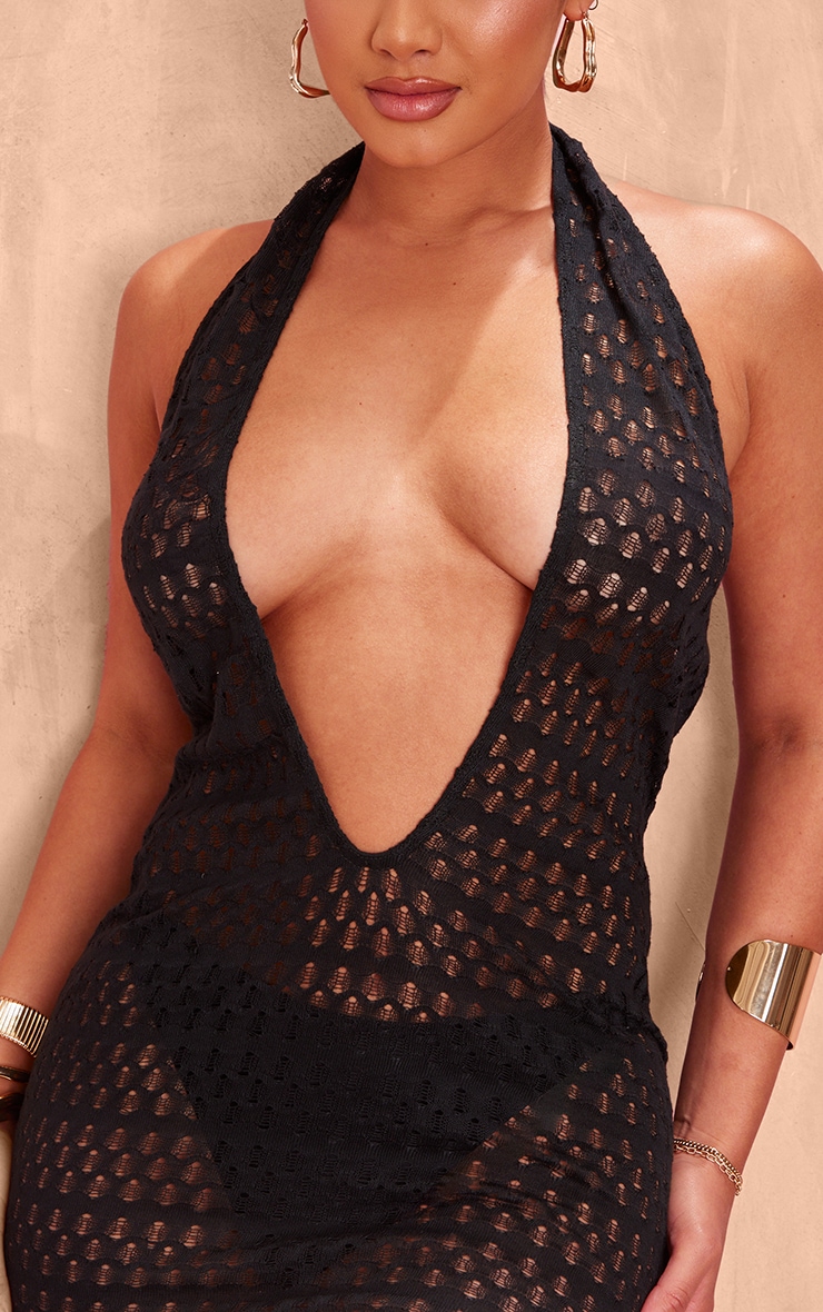 Shape Black Textured Halterneck Plunge Mini Dress image 4