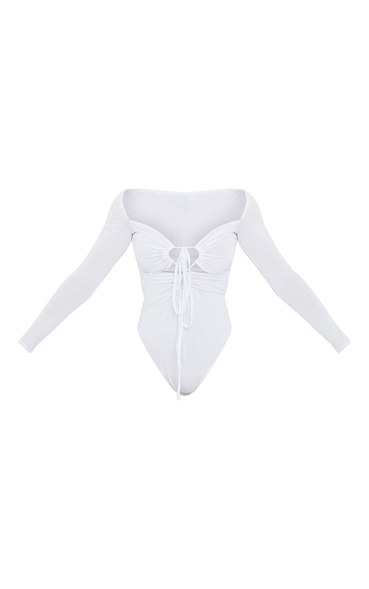 White Slinky Long Sleeve Lace Up Tie Detail Bodysuit image 1