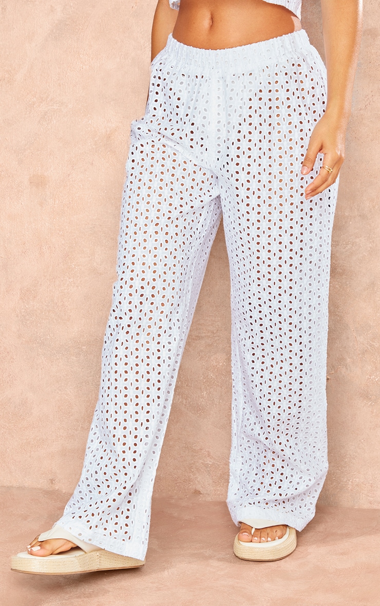 Petite White Broderie Low Waist Straight Leg Pants image 2