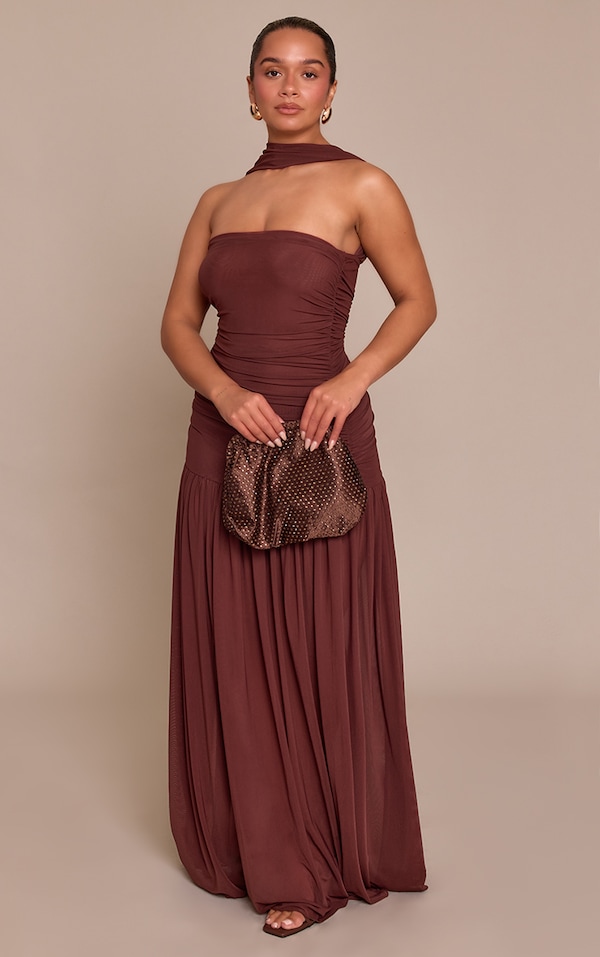 Shape Chocolate Ruched Scarf Dropped Waist Maxi Dress