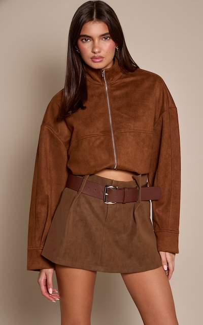 Chocolate Brown Soft Faux Leather Belted Mini Skirt