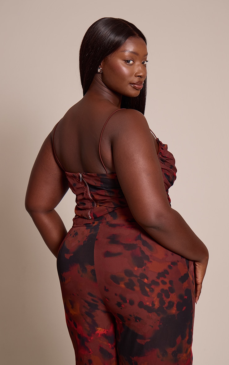 Plus Brown Printed Chiffon Ruched Side Strappy Top image 2