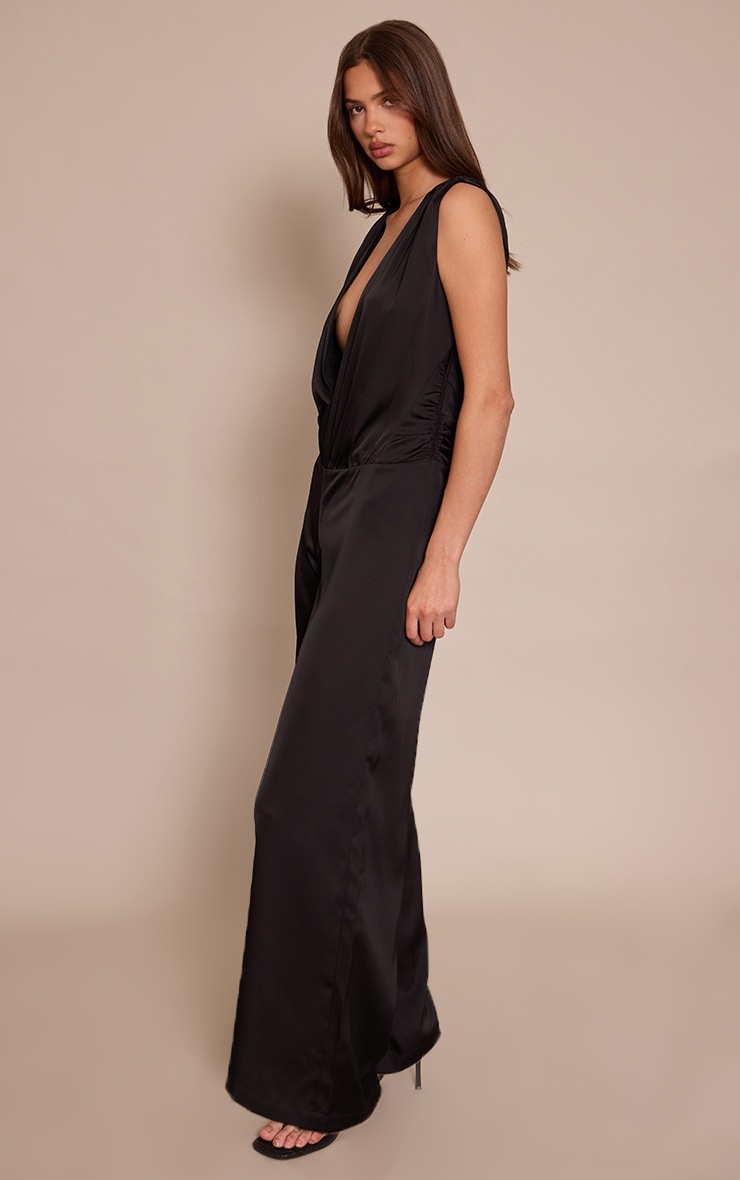 Black Satin Plunge Dropped Waist Jumpsuit image 3