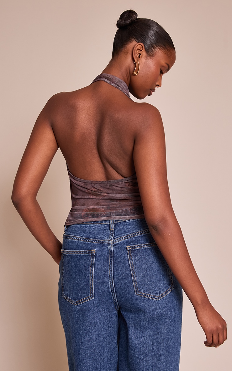 Dark Mauve Rose Print Mesh Halter Neck Top image 2