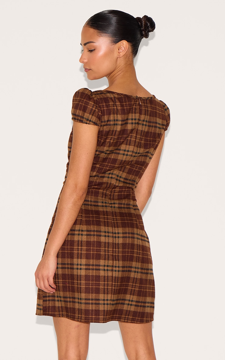 Petite Brown Checked Front Tie Mini Dress image 2