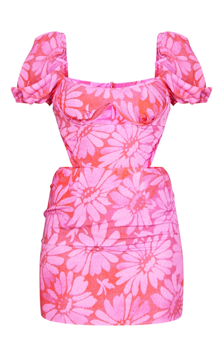 Pink Floral Print Cup Detail Bodycon Dress image 5