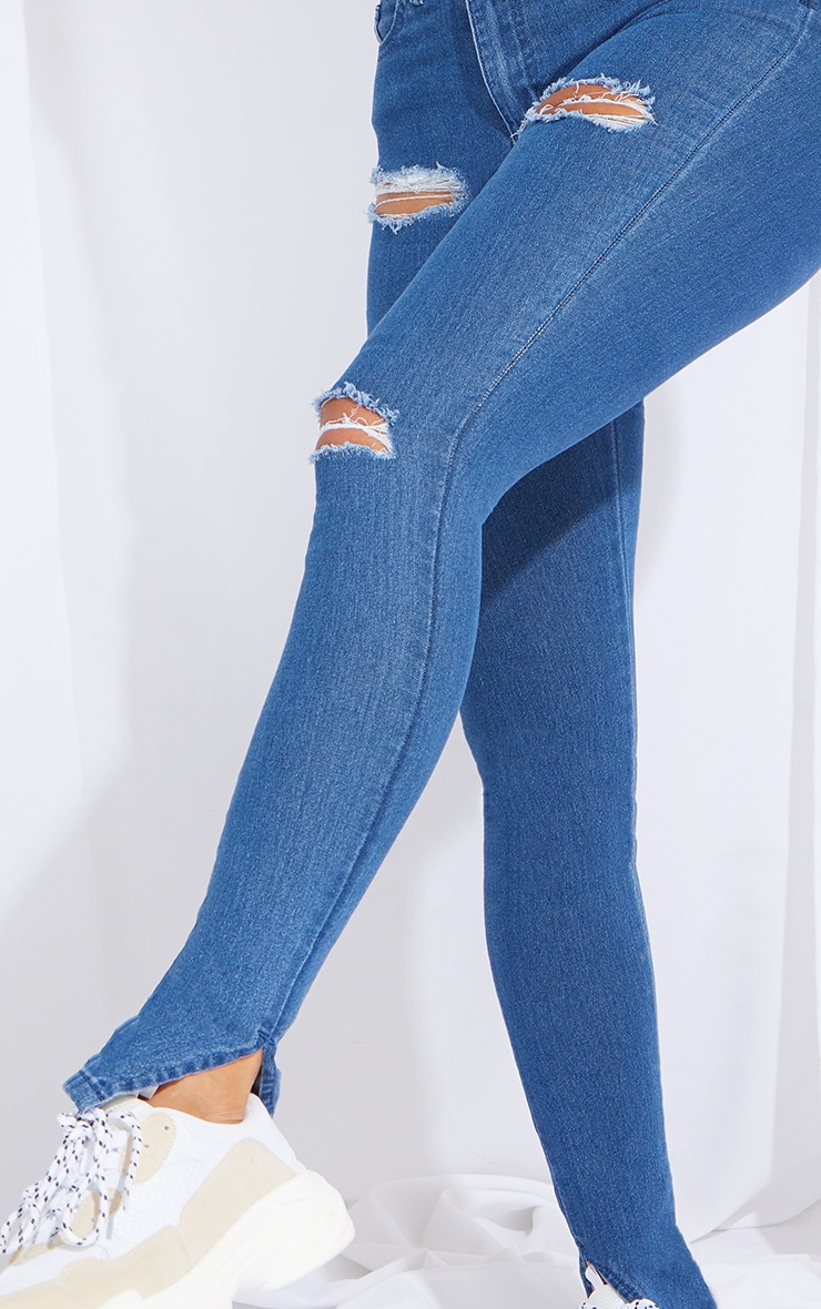 Shape Mid Blue Wash Ripped Stretch Split Hem Skinny Jeans image 4