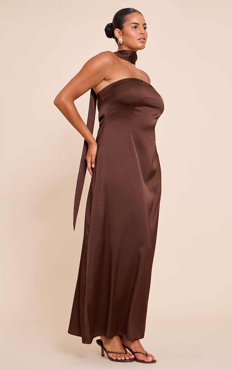 Plus Chocolate Brown Satin Bandeau Scarf Detail Maxi Dress image 3