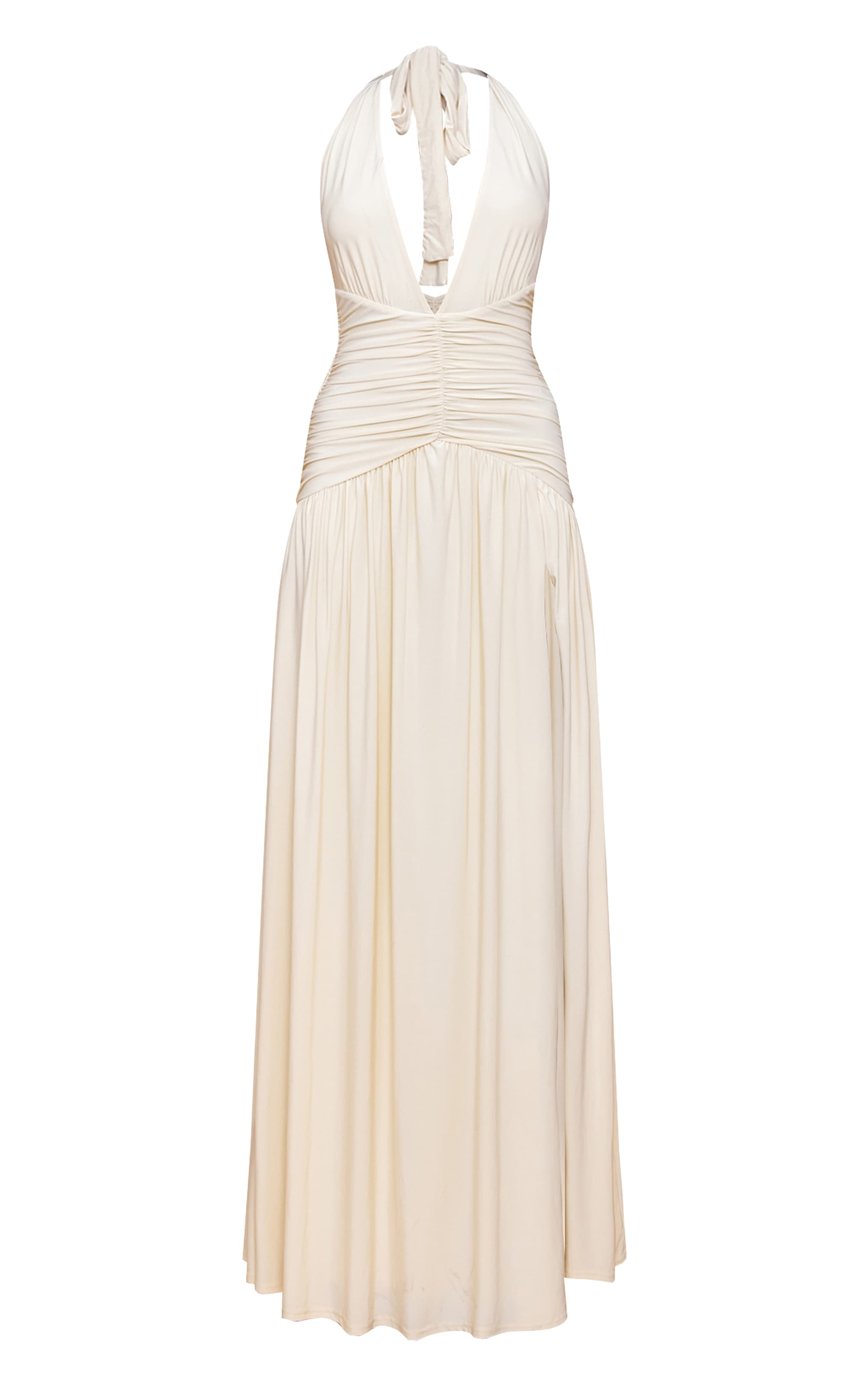 Robe longue moulante doublée crème à détails froncés image 5
