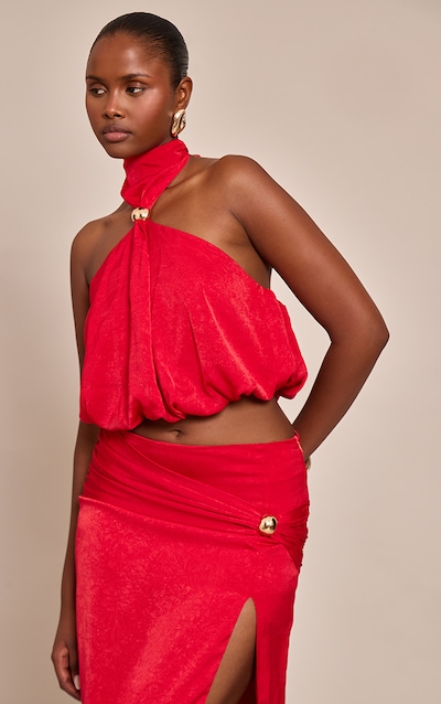 Red Hardware Detail Halter neck Top