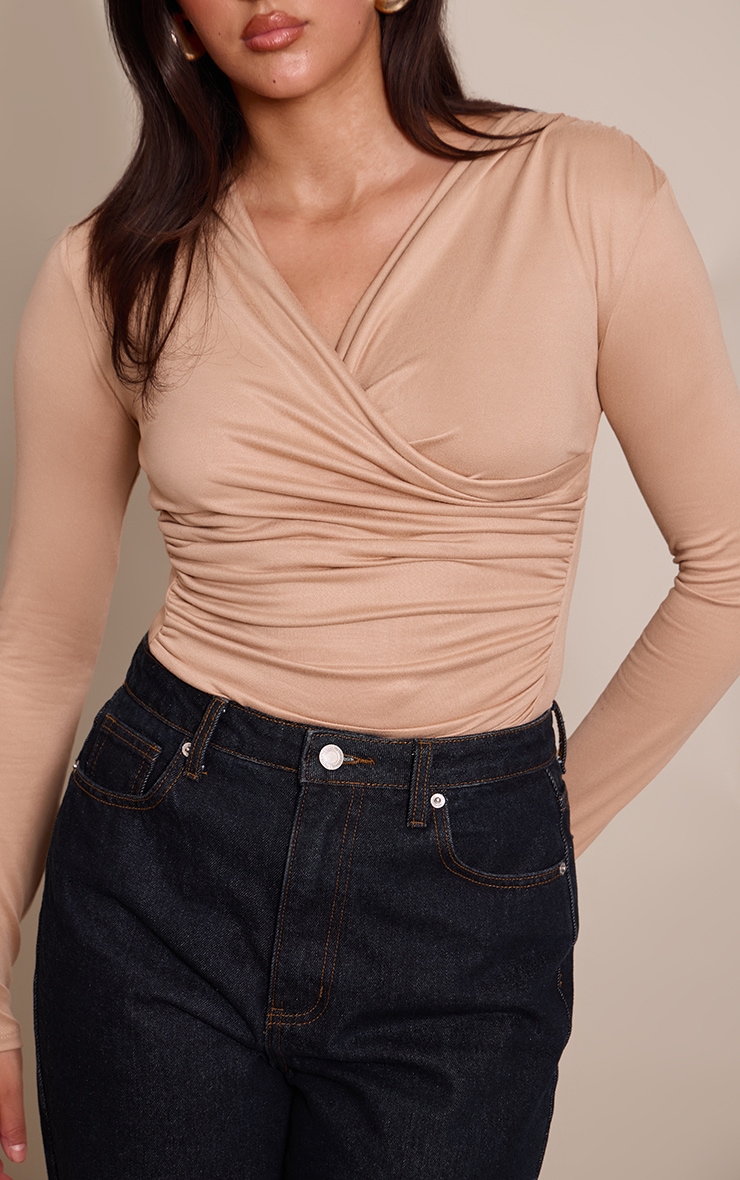 Stone Soft Touch Ruched Front Detail Long Sleeve Bodysuit  image 4