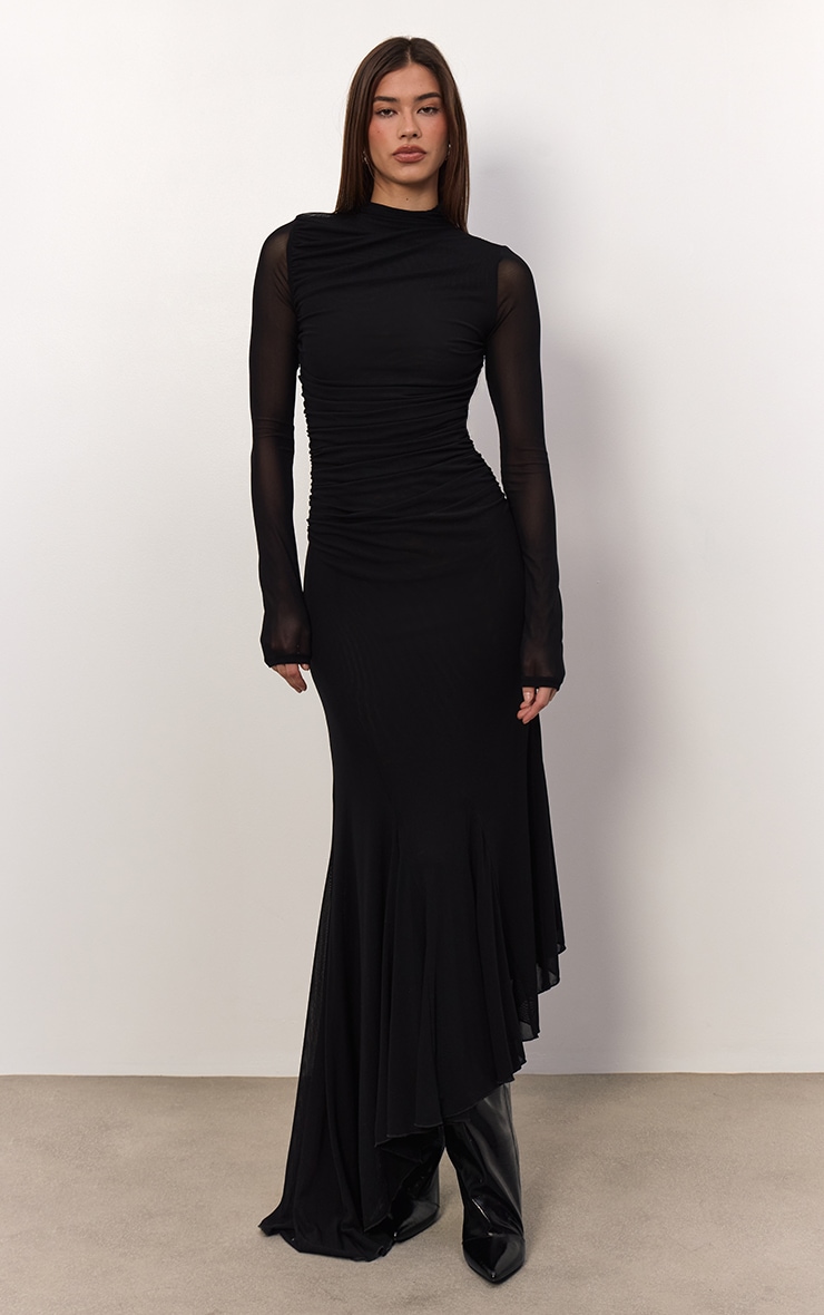 Black Mesh Long Sleeve High Neck Ruched Maxi Dress image 1