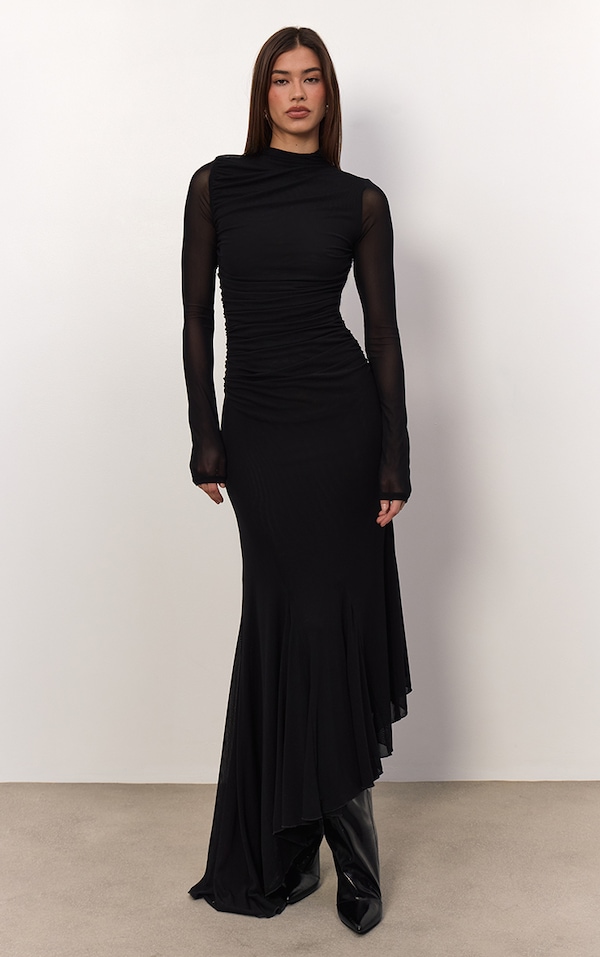 Black Mesh Long Sleeve High Neck Ruched Maxi Dress