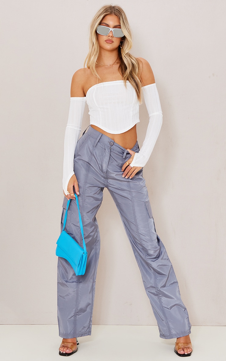 White Wide Rib Bandeau Cold Shoulder Crop Top image 3