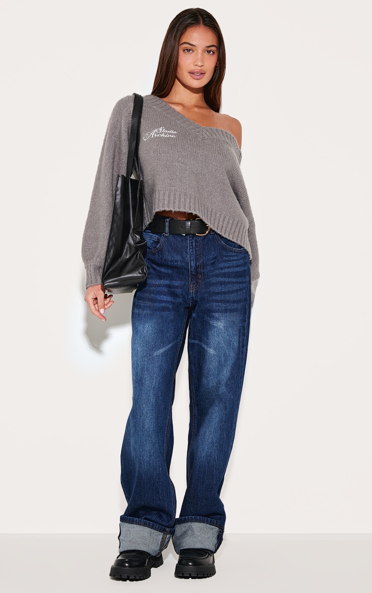 Grey Soft Knit Embroidered Slouchy Cropped Jumper image 3