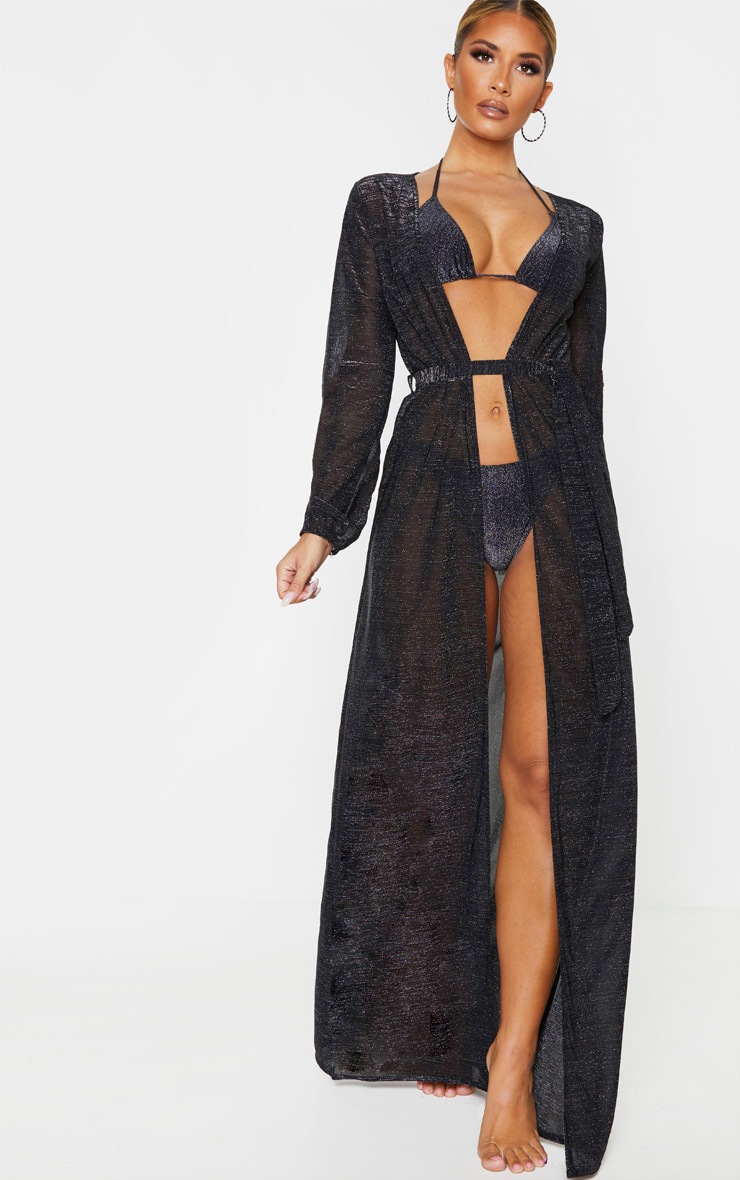 Kimono de plage noir pailleté détail lien à nouer